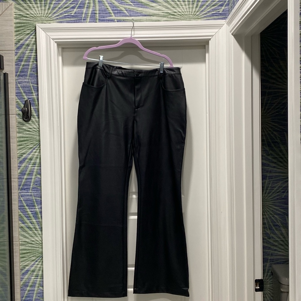 Black vegan leather pants, long wide leg. Brand new, never worn.